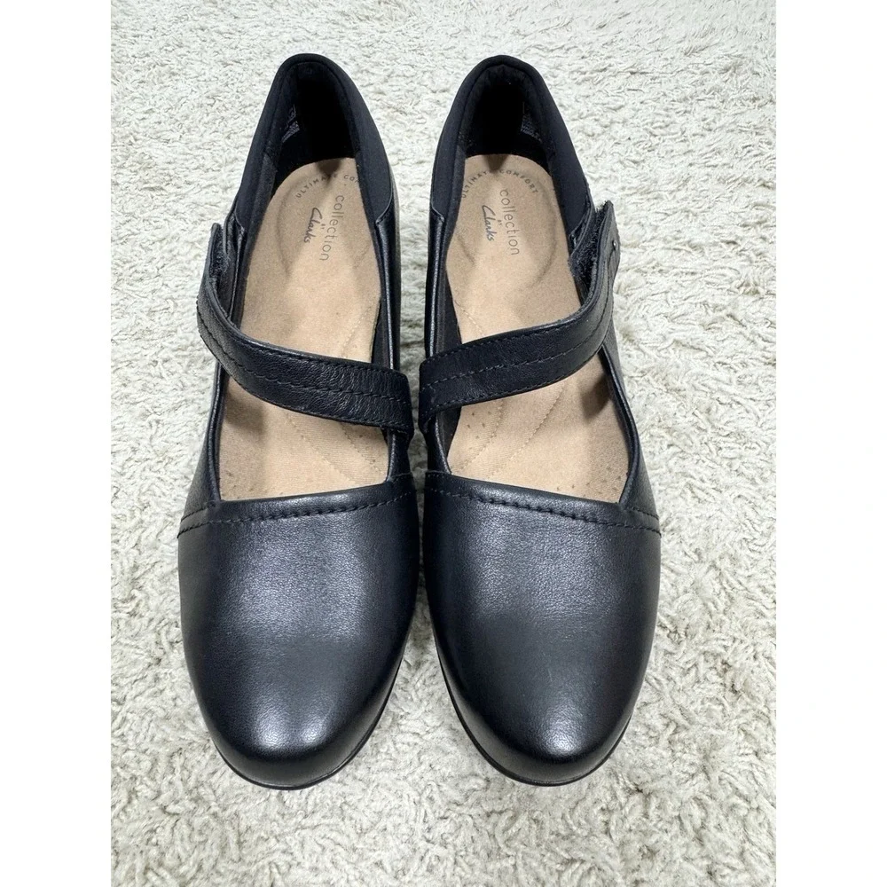 Clark's Black Leather Emily Pearl Mary Jane Block Heel Comfort Shoes Women's 7M - Picture 2 of 9